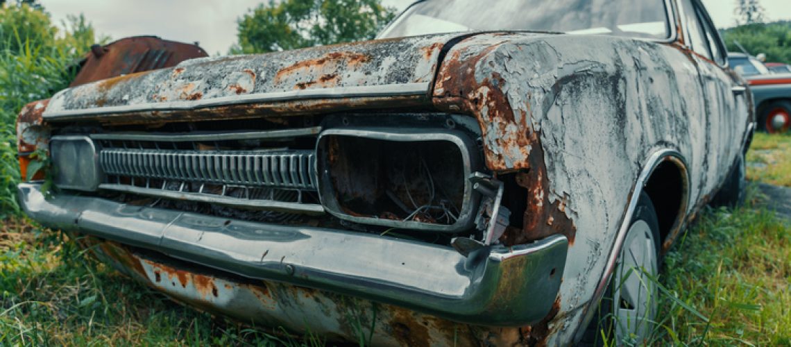 Old abandoned and forgotten rusty vintage retro car in bad condition.