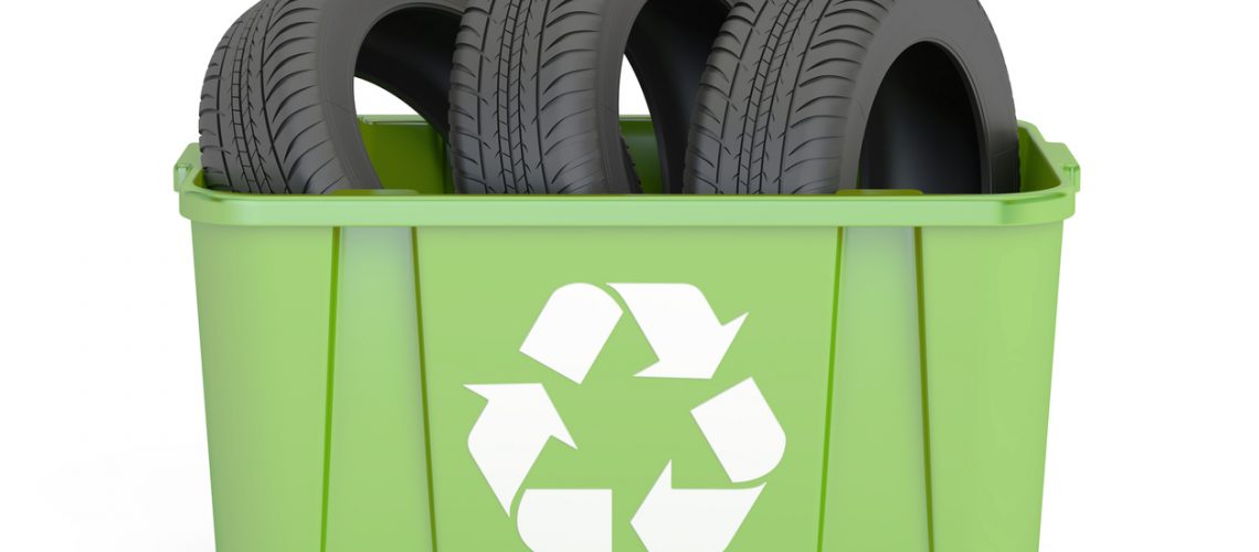 recycling trashcan with tires of car, 3D rendering
